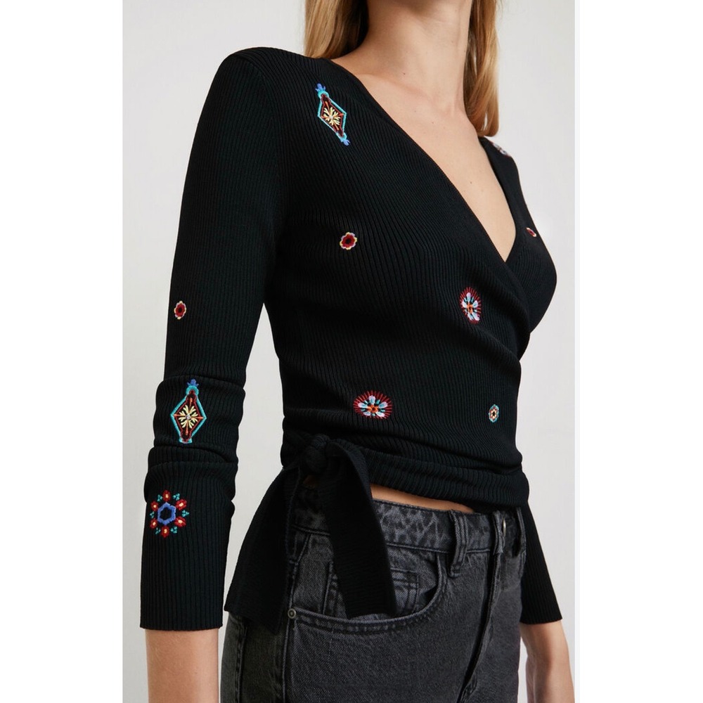 Desigual Black Ribbed Wrap Top Embroidered Floral Long Sleeve 21WWJF61 Womens L